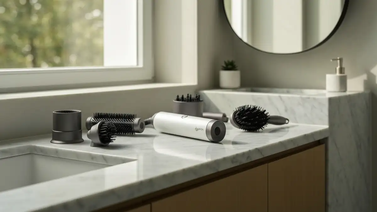 Dyson Airwrap lezacy na marmurowym blacie obok akcesoriów do wlosów