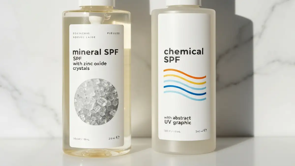 Krem z filtrem mineralnym i chemicznym obok siebie na jasnym tle - porównanie produktów do ochrony przeciwslonecznej