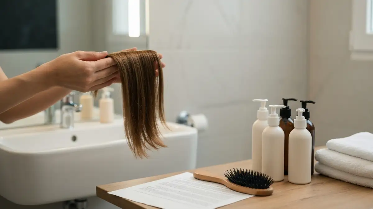 Kobieta nakladajaca fioletowy szampon na wlosy blond w lazience