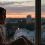 Kobieta siedzi samotnie przy oknie, zamyślona, symbolizuje gaslighting i manipulację w związku