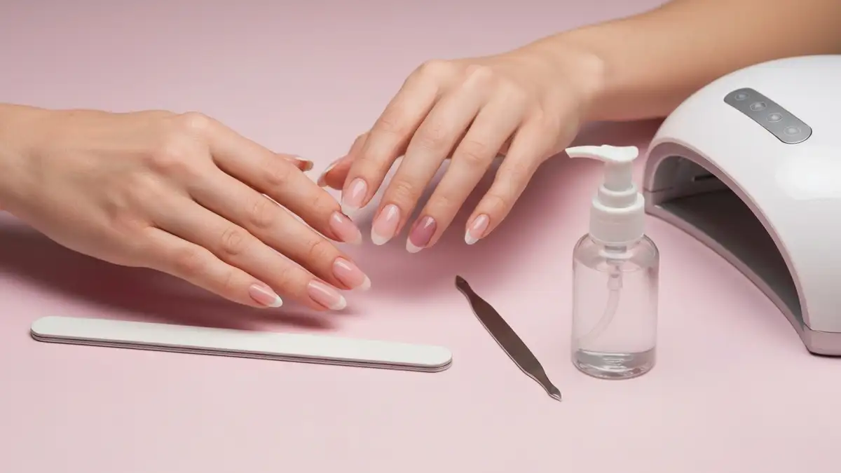 Kobiece dłonie z hybrydą odchodzącą od krawędzi paznokcia i narzędzia do naprawy manicure
