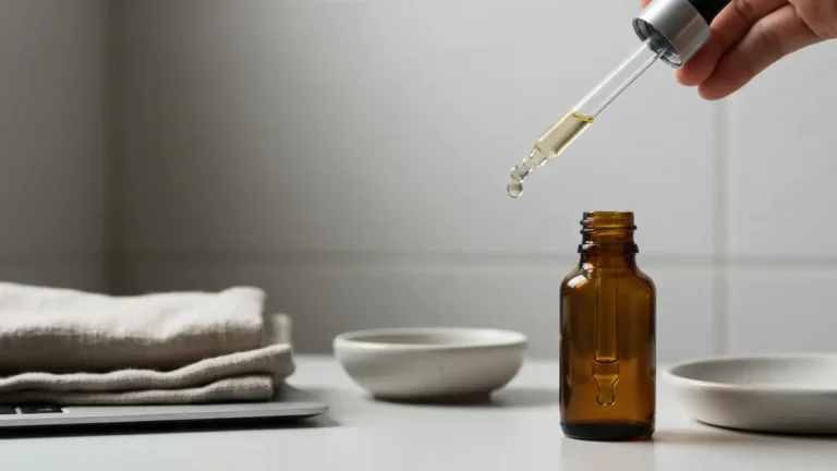 Kobieta wykonuje test bibułki na skórze twarzy przy naturalnym świetle w domowej łazience