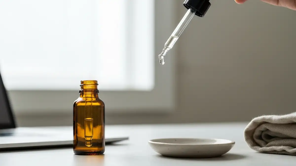 Kobieta w wieku 30 lat nakłada retinol na twarz podczas wieczornej pielęgnacji