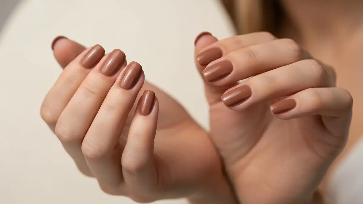 Paznokcie w kolorze Mocha Mousse Pantone 2025 - hybrydowy manicure w odcieniu brazowo-rozowym