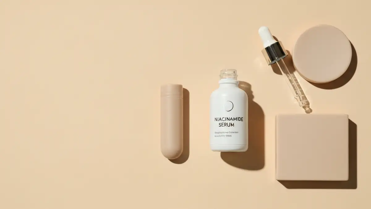 Serum z niacynamidem na tle kosmetyków do pielęgnacji twarzy