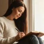 Kobieta siedzi przy oknie i zapisuje myśli w dzienniku, pracując nad ograniczającymi przekonaniami