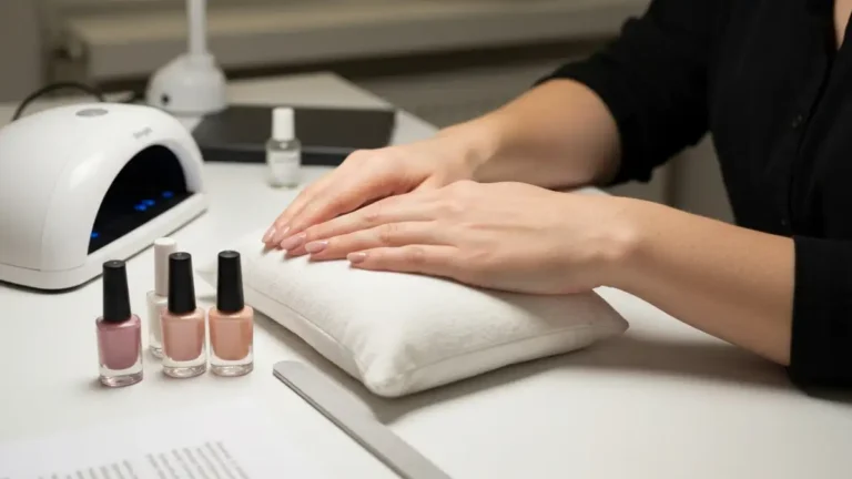 Pedicure hybrydowy - pomalowane paznokcie u nóg w kolorze brzoskwiniowym na białym tle