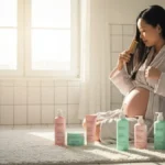 Kobieta w ciąży pielęgnuje włosy naturalnymi kosmetykami w łazience