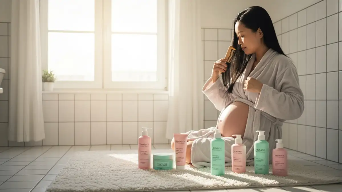 Kobieta w ciąży pielęgnuje włosy naturalnymi kosmetykami w łazience
