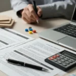 Kobieta siedzi przy biurku z notatnikiem i kubkiem kawy, zamyślona, symbolizuje walkę z prokrastynacją