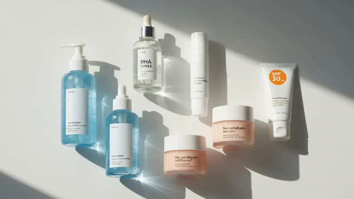 Produkty do pielegnacji skory tradzikowej ulozone na bialym tle - zel myjacy, serum, krem i filtr SPF