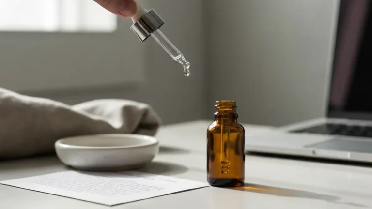 Serum z witaminą C w szklanej butelce z pipetą na białym tle z plasterkiem pomarańczy