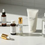 Składniki aktywne w kosmetykach - serum, retinol, witamina C i kwasy na blacie łazienkowym