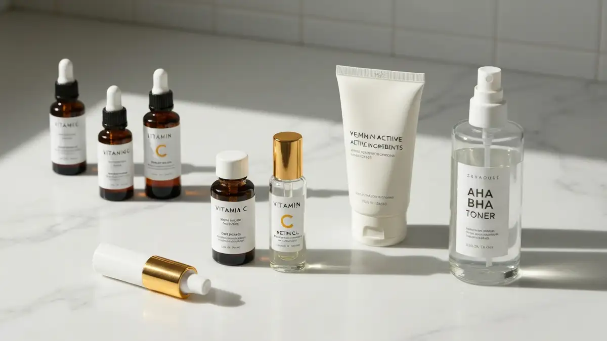Składniki aktywne w kosmetykach - serum, retinol, witamina C i kwasy na blacie łazienkowym