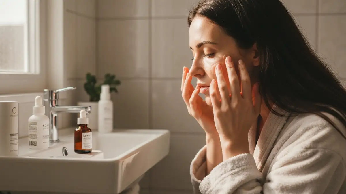 Kobieta po 30 pielęgnująca skórę twarzy serum w łazience