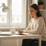 Kobieta siedzi przy biurku z kawą i notatnikiem, spokojna twarz, zrównoważona przestrzeń pracy i odpoczynku