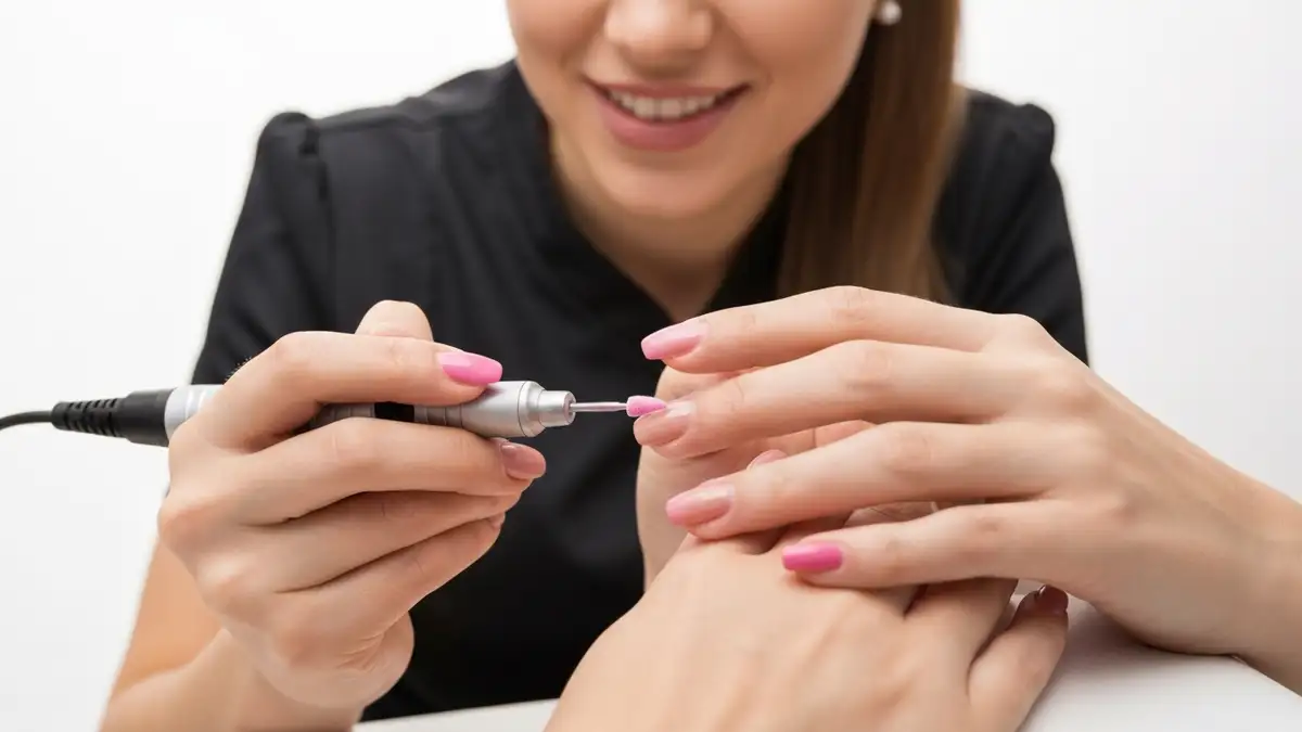 Zdejmowanie hybrydy frezarką - kobiece dłonie podczas profesjonalnego manicure
