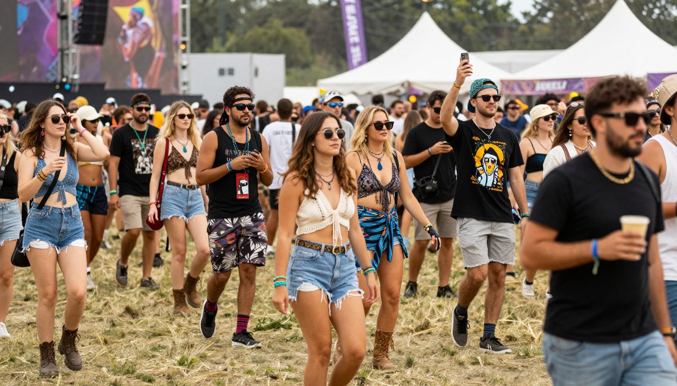 jak się ubrać na festiwal - tłum ludzi na festiwalu muzycznym w kolorowych strojach