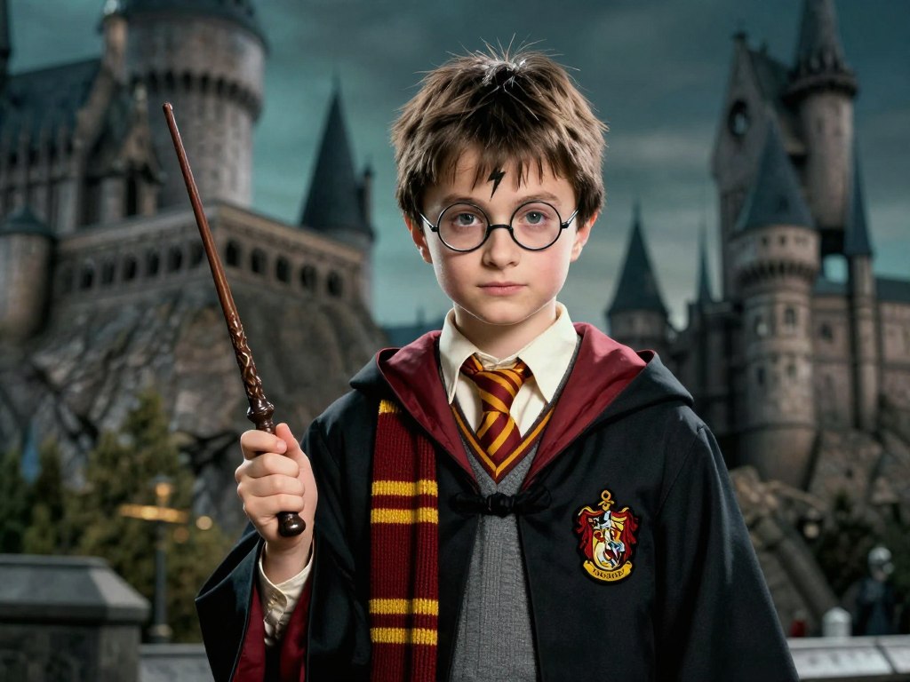 kostium Harry Pottera z peleryną i różdżką