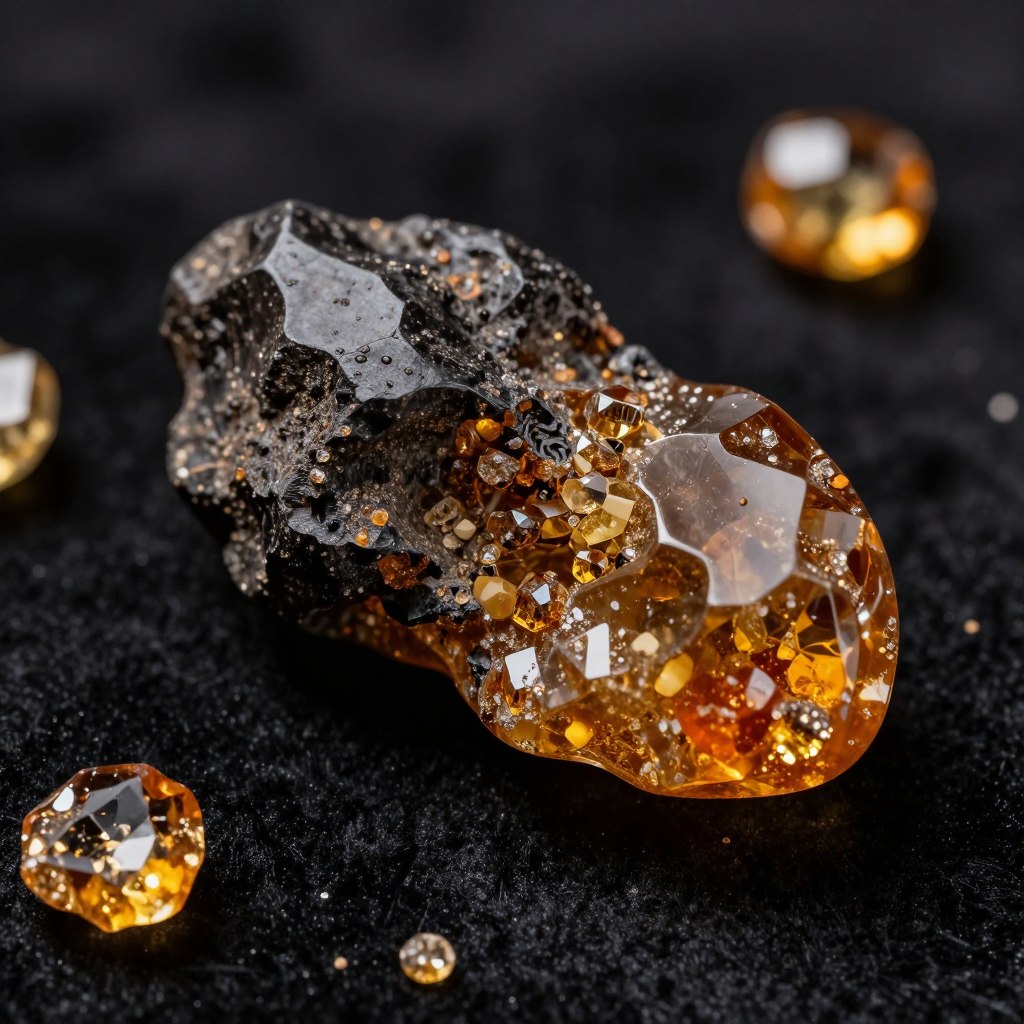 oud resin and amber crystals macro photography