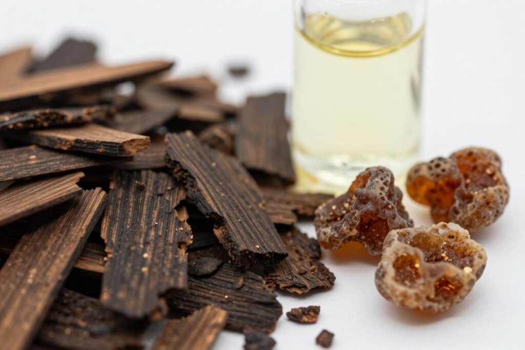 oud wood chips and essential oil