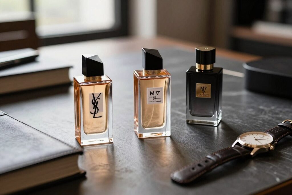 three YSL perfume bottles comparison lifestyle photo