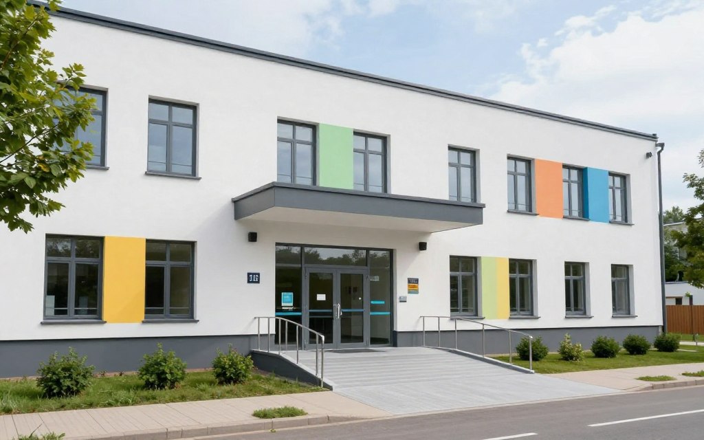 Ośrodek rehabilitacji dla dzieci z zewnątrz z logiem instytucji