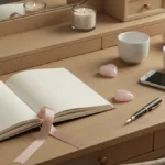 Notes, róże, świeca i kwarc różowy na jasnej toaletce