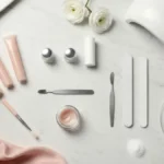Akrylożele i akcesoria do manicure na marmurowej toaletce