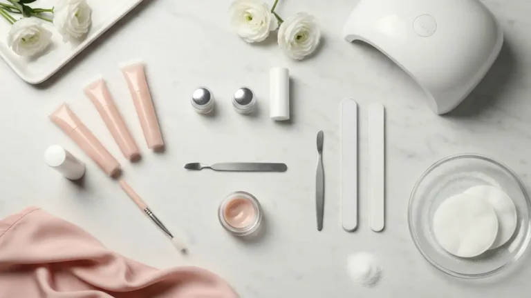 Akrylożele i akcesoria do manicure na marmurowej toaletce