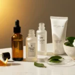 Serum antyoksydacyjne, krem SPF i zielona herbata na jasnej marmurowej toaletce