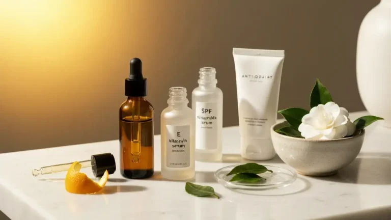 Serum antyoksydacyjne, krem SPF i zielona herbata na jasnej marmurowej toaletce