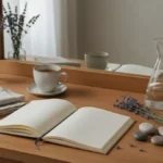 Spokojna kompozycja z notesem, herbatą, lawendą i kamieniami na drewnianym stoliku