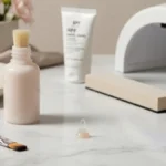 Baza budująca do manicure hybrydowego na marmurowej toaletce z lampą LED i akcesoriami