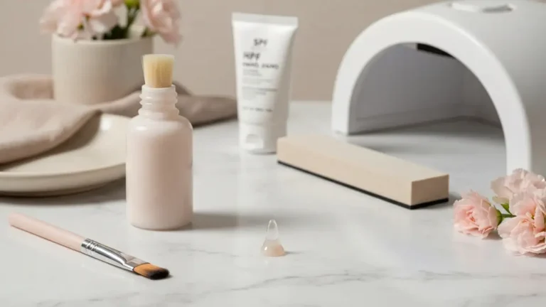 Baza budująca do manicure hybrydowego na marmurowej toaletce z lampą LED i akcesoriami