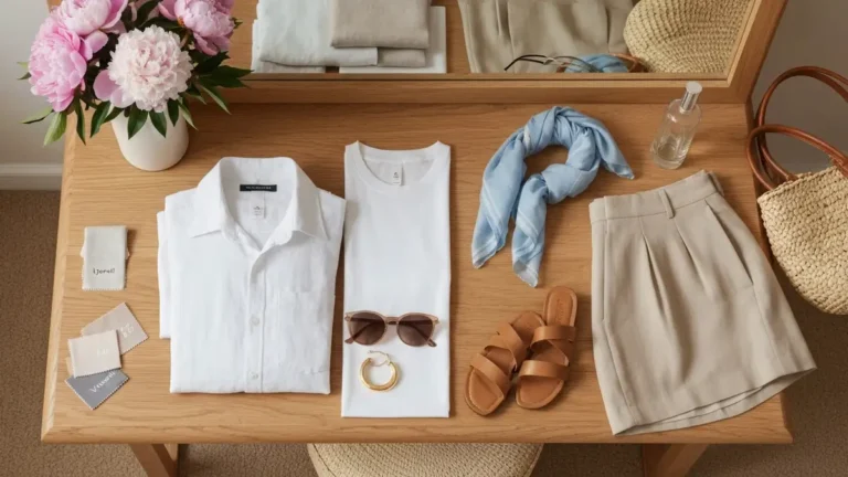 Letnia capsule wardrobe z lnianą koszulą, szortami, sandałami i dodatkami na jasnym blacie