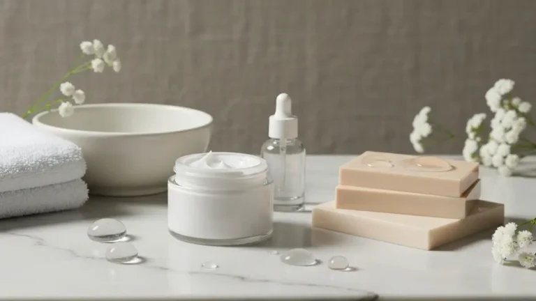 Krem barierowy z ceramidami na marmurowej toaletce z serum, ręcznikiem i białymi kwiatami