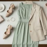 Elegancka stylizacja na chrzciny z sukienką midi, jasnym żakietem i dodatkami na marmurowym blacie
