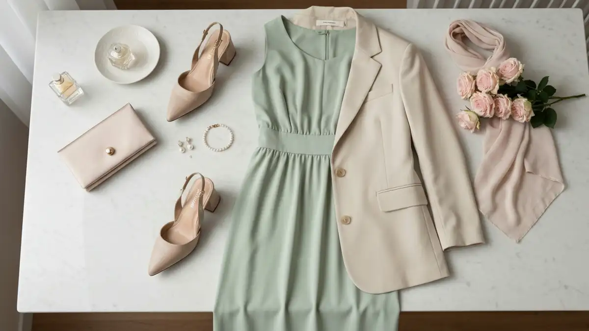 Elegancka stylizacja na chrzciny z sukienką midi, jasnym żakietem i dodatkami na marmurowym blacie