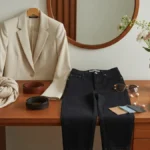 Elegancka kapsuła garderoby z marynarką, jeansami, apaszką i dodatkami na drewnianym blacie
