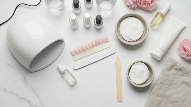 Akcesoria do manicure hybrydowego, lampa UV i kosmetyki do regeneracji paznokci na marmurowym blacie