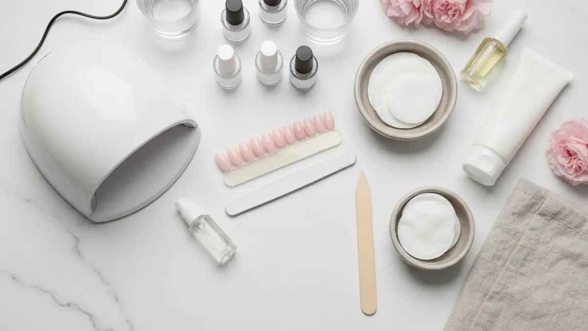 Akcesoria do manicure hybrydowego, lampa UV i kosmetyki do regeneracji paznokci na marmurowym blacie