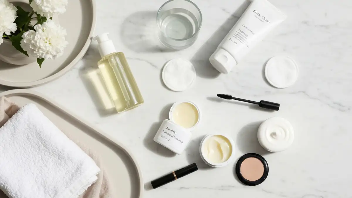Kosmetyki do double cleansing na marmurowej toaletce z ręcznikiem, wodą i płatkami kosmetycznymi
