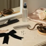 Elegancka kompozycja z akcesoriami do fryzur studniówkowych na marmurowej toaletce