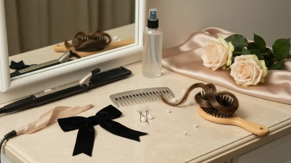 Elegancka kompozycja z akcesoriami do fryzur studniówkowych na marmurowej toaletce