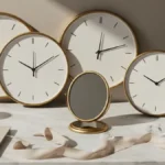 Elegancka kompozycja z pustymi zegarami, lustrem, świecą, kryształami i jasnymi kwiatami