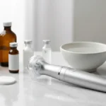 Zabieg Hydrafacial pokazany jako elegancki zestaw kosmetologiczny na marmurowej toaletce