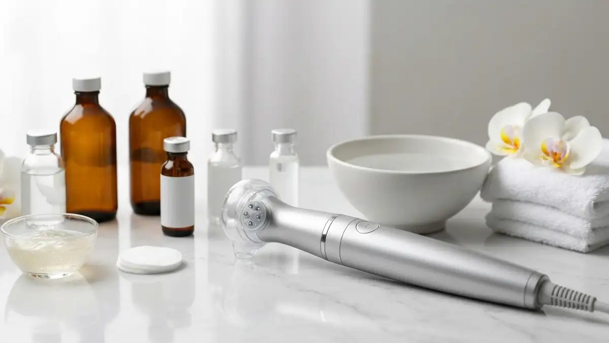 Zabieg Hydrafacial pokazany jako elegancki zestaw kosmetologiczny na marmurowej toaletce