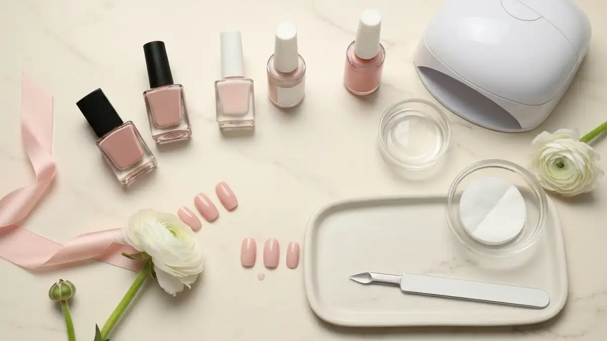 Akcesoria do manicure hybrydowego na marmurowej toaletce z lampą UV LED i lakierami