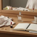 Elegancka toaletka z perfumami, biżuterią, jedwabną bluzką, notesem i różami